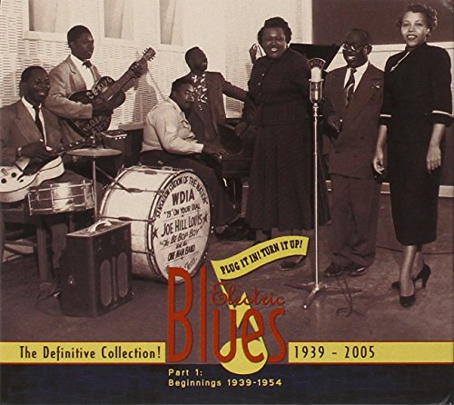 Vintage photo of a blues band performing with instruments and a microphone.