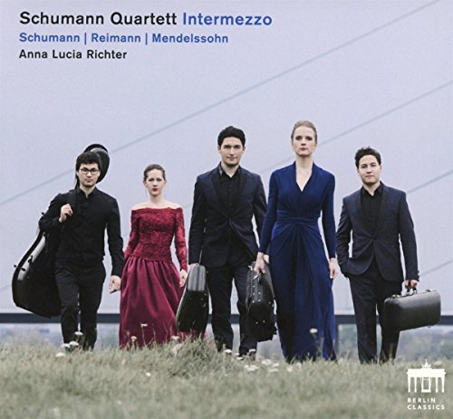 Classical musicians with instruments walking towards the viewer on a field.