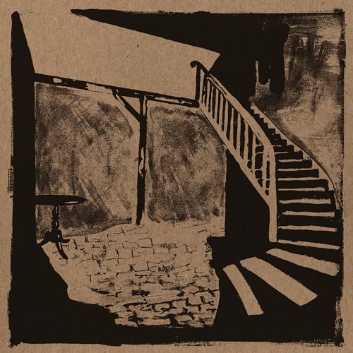 Rough, textured illustration of a courtyard with stairs and a small table.