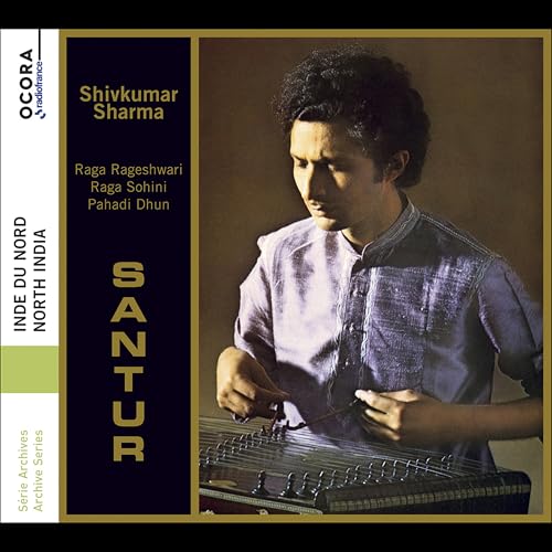 Shivkumar Sharma playing the santoor, CD cover with blue and gold design.