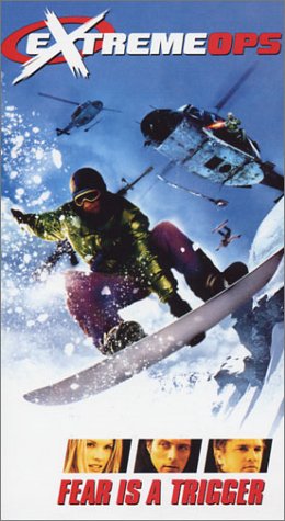 VHS cover for "Extreme Ops" featuring a snowboarder and helicopters.