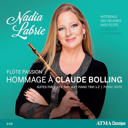 CD cover featuring flutist Nadia Labrie and text “Hommage À Claude Bolling”.