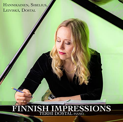Blonde pianist Terhi Dostal at a grand piano, CD cover art.