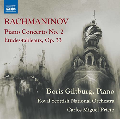 CD cover for Rachmaninov piano concerto with Russian church imagery.