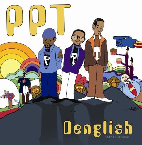 Album cover for "Denglish" by PPT, featuring illustrated figures and rainbow background.