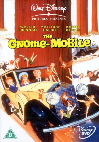 DVD cover art for The Gnome-Mobile featuring a yellow vintage car and cartoon gnomes.