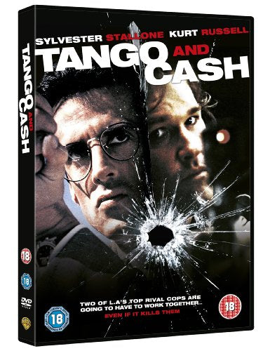 DVD cover for Tango and Cash featuring Sylvester Stallone and Kurt Russell behind shattered glass.