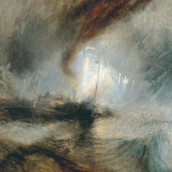 Impressionistic painting of a stormy seascape with a ship and buildings.