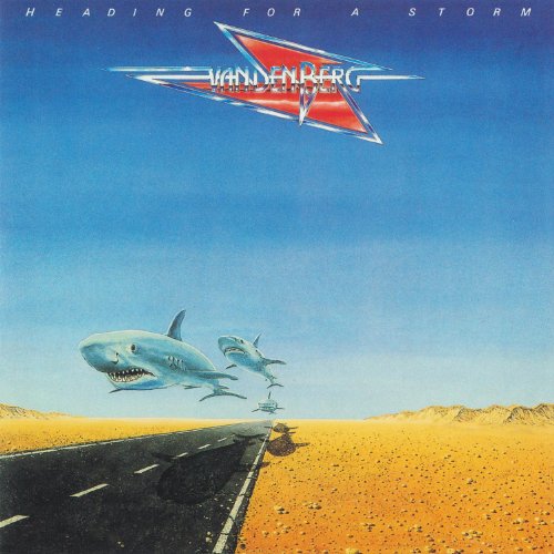 Album cover: Vandenberg, sharks swimming above a desert highway.