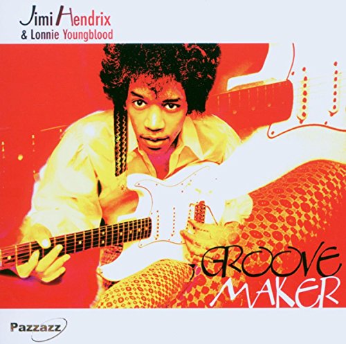 Jimi Hendrix playing a white electric guitar on a red album cover.
