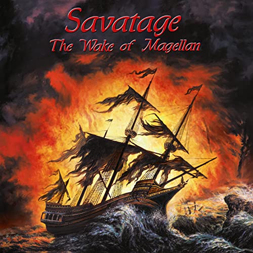 Savatage album cover: a dark sailing ship amidst stormy, fiery seas.