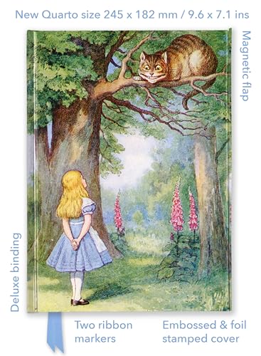 Alice in a blue dress looks up at the Cheshire Cat in a tree.
