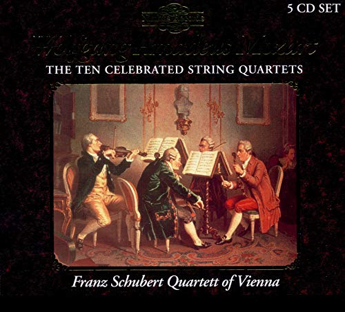 Five CD set featuring Mozart’s string quartets with classical artwork.