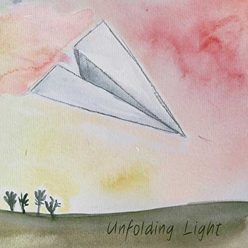 Watercolor painting of a paper airplane over a landscape, text “Unfolding Light”.