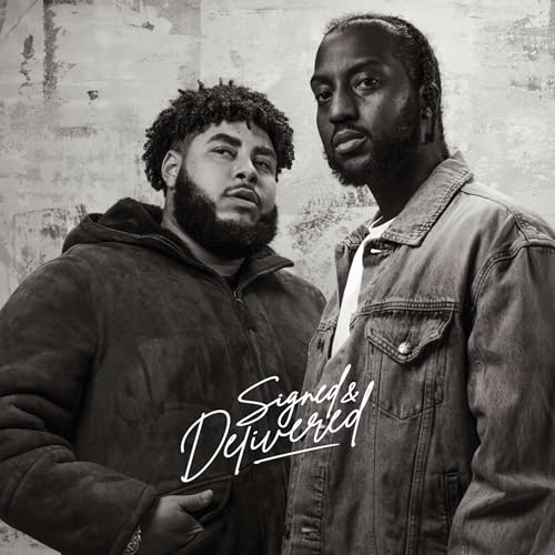 Black and white portrait of two men, album cover for “Signed & Delivered”.