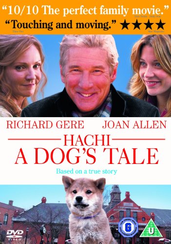 Hachi A Dog's Tale" DVD cover featuring Richard Gere, Joan Allen, and a Shiba Inu.