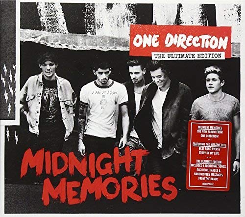 CD case with One Direction's name and album title, Midnight Memories, on a dark background.