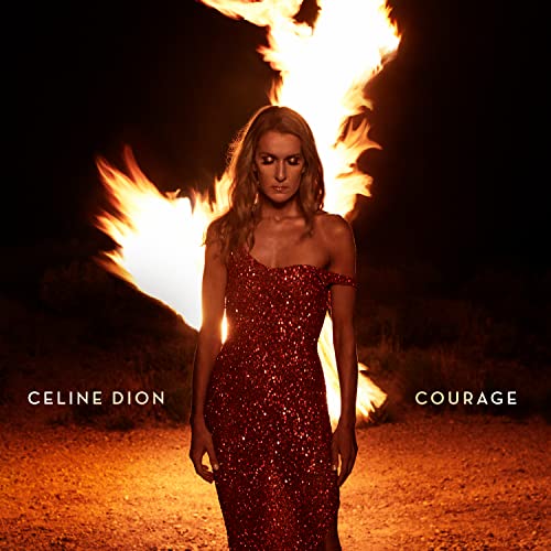 Céline Dion wearing a red sequined dress standing in front of large flames at night.