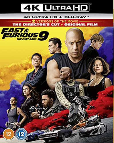 Fast & Furious 9" Blu-ray cover with cast and cars in action.