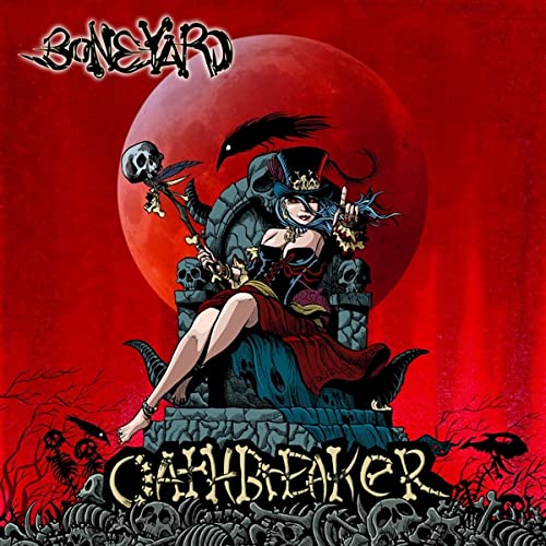 CD cover: woman on skull throne, red moon, ravens, bones.