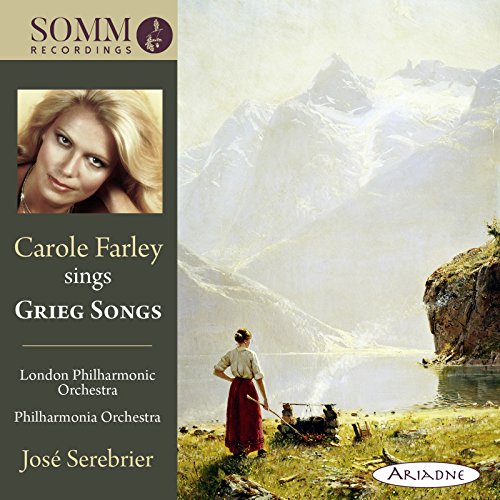 CD cover: Carole Farley portrait with landscape painting, text “Farley Sings Grieg Songs.”