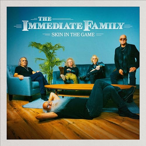 Album cover for The Immediate Family’s “Skin In The Game” featuring four musicians.