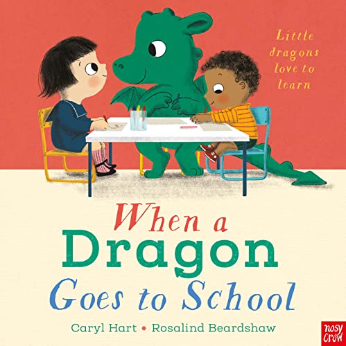A green dragon and two children sit at a table drawing in a classroom.