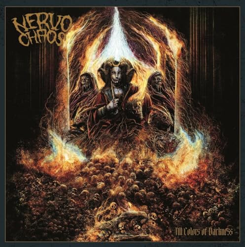 Dark album cover with figures in flames and a skeletal foreground.