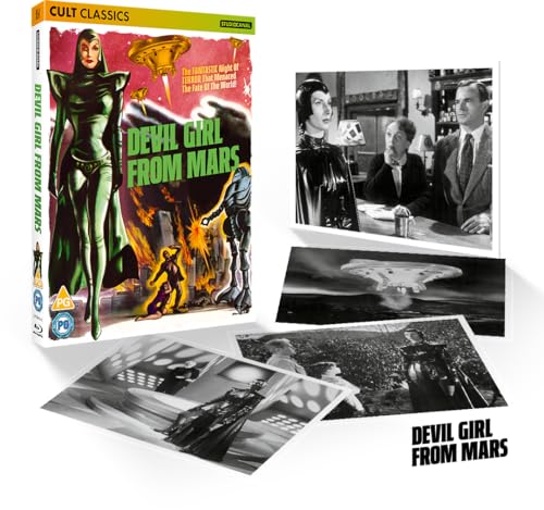 Blu-ray cover for "Devil Girl From Mars" featuring a green-clad alien woman.
