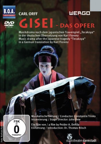 DVD cover for Carl Orff’s “Gisei - Das Opfer” opera, featuring a performer in costume.