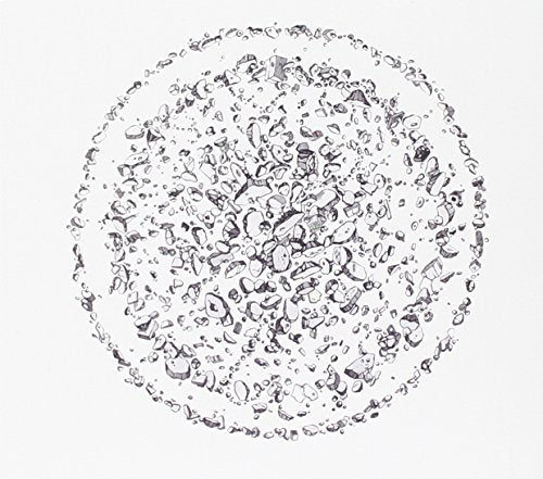 Black and white circular artwork filled with small, fragmented shapes.