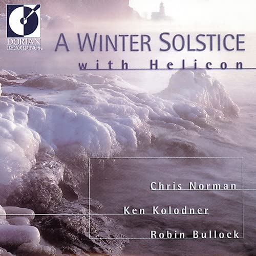 CD cover for "A Winter Solstice with Helicon" featuring snowy rocks.