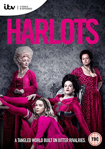 Harlots" DVD cover featuring four women in 18th-century dresses.