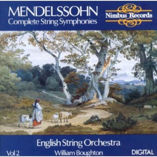 CD cover for Mendelssohn string symphonies, featuring a pastoral landscape painting.