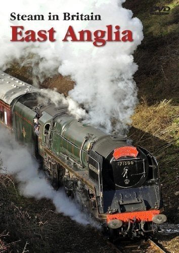 Steam train with billowing smoke, DVD cover for “Steam in Britain”.