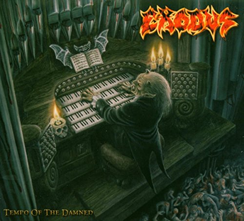 A demon plays a pipe organ above a sea of people in this illustration.