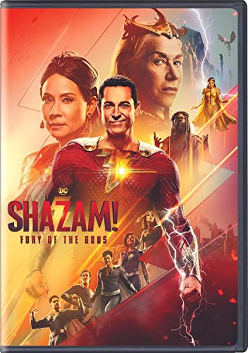 “Shazam! Fury of the Gods” DVD cover featuring superhero characters and lightning.