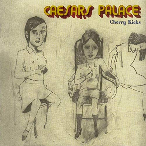 Sketch-style album cover for Caesars Palace’s “Cherry Kicks” featuring three figures.