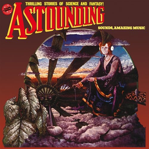 Hawkwind album cover: woman with headphones in a surreal landscape.