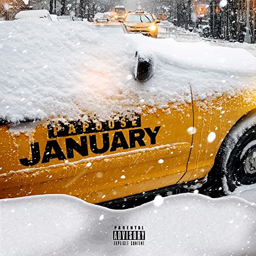 Yellow taxi covered in snow, album art for Papoose's "January" vinyl.