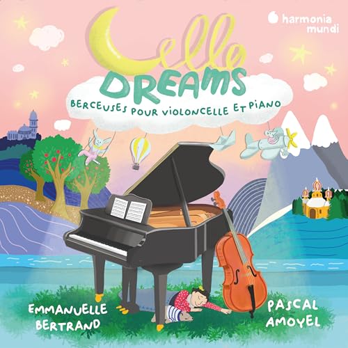 CD cover: piano, cello, and whimsical landscape with moon and clouds.