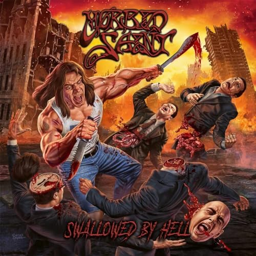 Violent album cover depicting a muscular figure attacking people amid destruction.