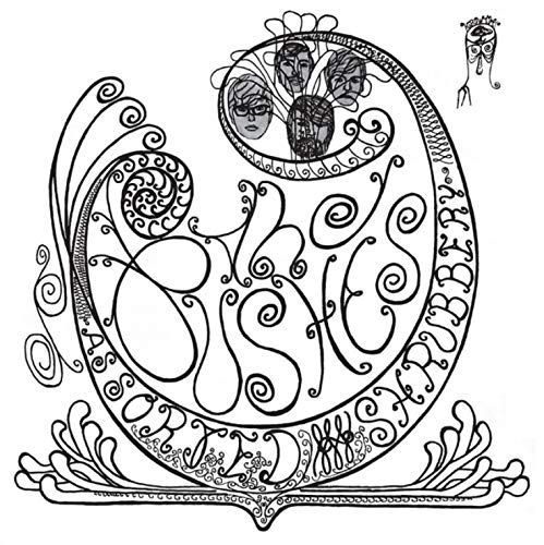 Black and white ornate illustration of faces within swirling, decorative lines.
