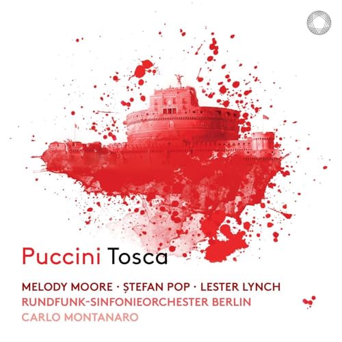 Red watercolor image of a castle with opera title "Puccini Tosca.