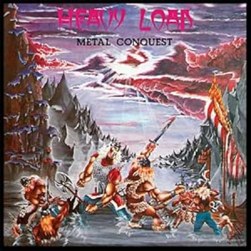 Heavy Load album cover: warriors battling in a fiery, mountainous landscape.