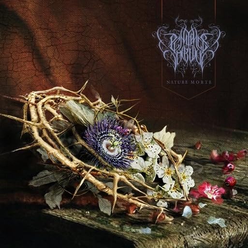Thorns, flowers, and fruit arranged as a still life with dark text.