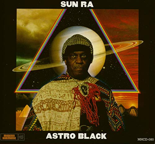Sun Ra’s portrait within a colorful triangle and planetary rings, album cover.