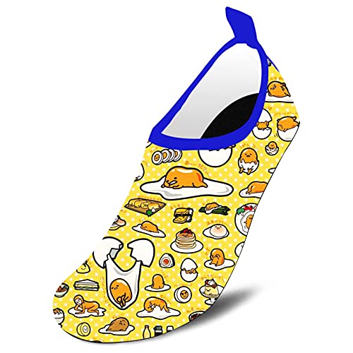 Yellow water shoe with a repeating cartoon egg and food pattern.