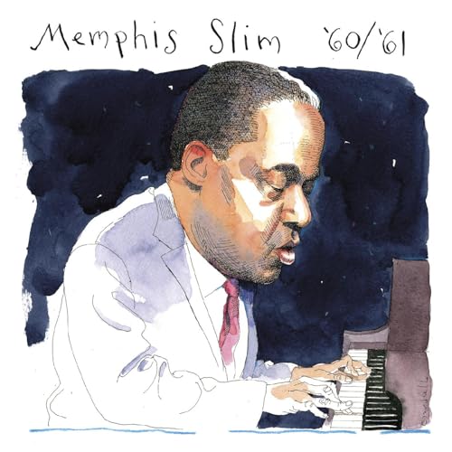 Watercolor portrait of Memphis Slim playing a piano, album cover.