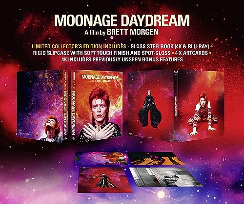 Moonage Daydream" Blu-ray collector’s edition packaging featuring David Bowie imagery.